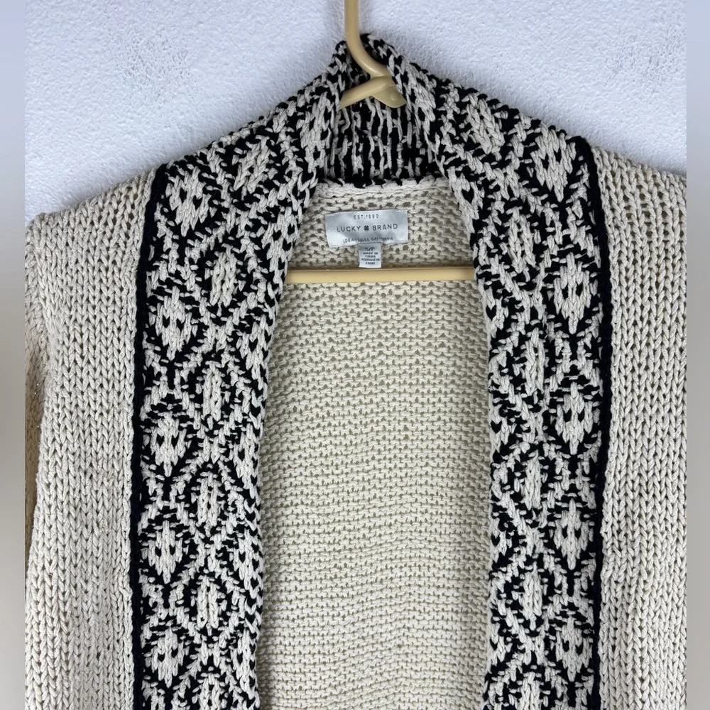 Lucky Brand Novelty Stitch Cardigan Small Cream Black Cable Knit Open Sweater - Picture 3 of 10